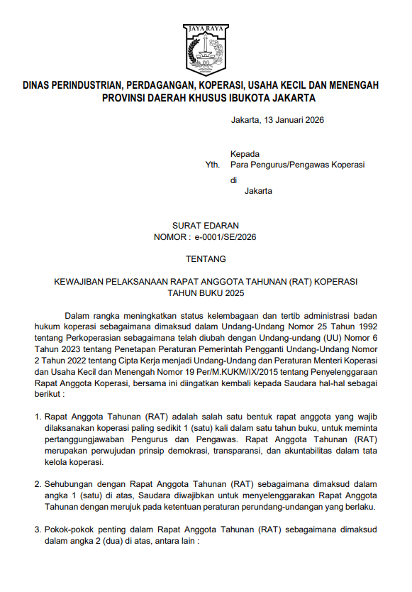 SURAT EDARAN NOMOR e-0001/SE/2026 Tentang Kewajiban Pelaksanaan Rapat Anggota Tahunan (RAT) Koperasi Tahun Buku 2025